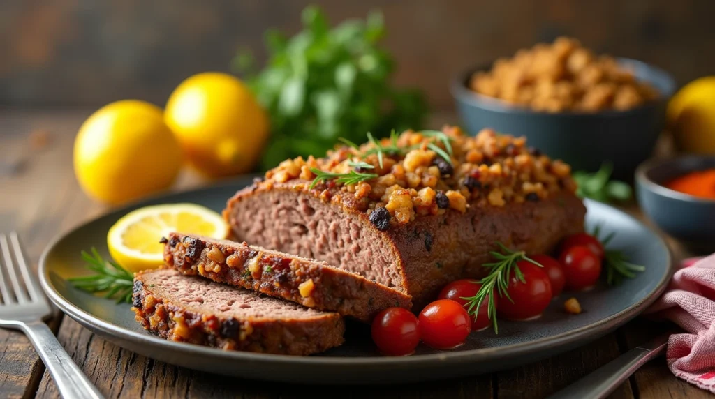 Meatloaf with Stove Top StuffingThe dish should be served on a rustic wooden table with soft natural lighting. Include garnishes like fresh herbs or lemon slices to enhance visual appeal. Focus on vibrant, rich colors and textures that highlight the juiciness of the meat and the accompanying ingredients. The background should be blurred slightly with Meatloaf with Stove Top Stuffing