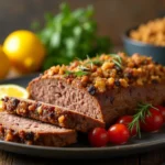 Meatloaf with Stove Top StuffingThe dish should be served on a rustic wooden table with soft natural lighting. Include garnishes like fresh herbs or lemon slices to enhance visual appeal. Focus on vibrant, rich colors and textures that highlight the juiciness of the meat and the accompanying ingredients. The background should be blurred slightly with Meatloaf with Stove Top Stuffing